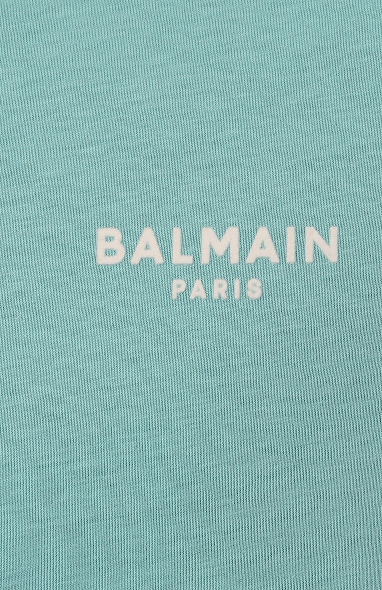 Мужская хлопковая футболка BALMAIN бирюзового цвета, арт. DH1EF000/BB04 | Фото 5 (Рукава: Короткие; Материал внешний: Хлопок; Длина (для топов): Стандартные; Принт: Без принта; Стили: Кэжуэл; Кросс-КТ: Джерси; Мужское Кросс-КТ: Фу�тболка-одежда; Автоматизация ТО: Проставлено; Автоматизация состава: Проставлено; Детали: Декор)