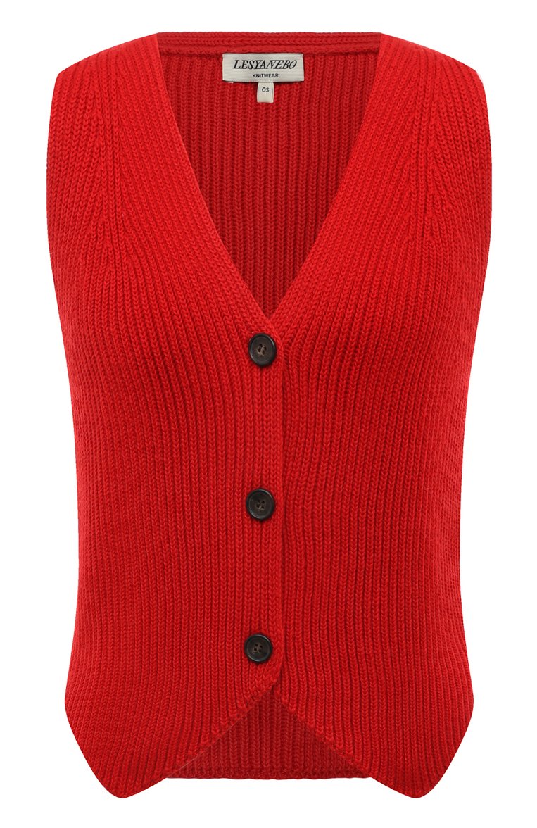 Женский жилет LESYANEBO красного цвета, арт. ICONIC/KNIT008 | Фото 1 (Длина (верхняя одежда): Короткие; Материал внешний: Синтетический материал, Шерсть; Драгоценные камни: Проставлено; Материал сплава: Проставлено; Кросс-КТ: Трикотаж; Стили: Минимализм)