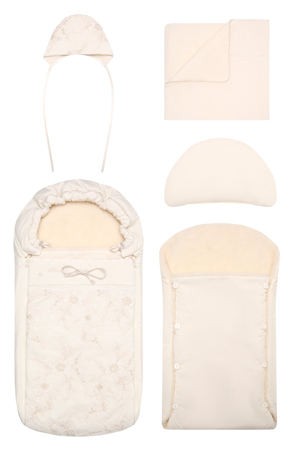 Комплект на выписку с кружевом CHEPE бежевого цвета по цене 15800 руб., арт. 031376, фото 1 Комплект на выписку с кружевом CHEPE, арт. 031376, фото 1