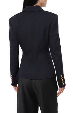 Женский шерстяной жакет BALMAIN темно-синего цвета, арт. AF1SG000WB08 | Фото 4 (Материал внешний: Шерсть; Рукава: Длинные; Длина (для топов): Стандартные; 1-2-бортные: Двубортные; Стили: Кэжуэл; Женское Кросс-КТ: Жакет-одежда; Случай: Повседневный)