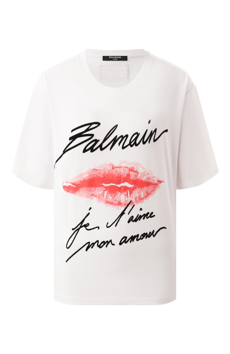Женская хлопковая футболка BALMAIN белого цвета, арт. EF1EG110/GE45 | Фото 1 (Материал сплава: Проставлено; Рукава: Короткие; Драгоценные камни: Проставлено; Длина (для топов): Стандартные; Стили: Кэжуэл; Принт: С принтом; Материал внешний: Хлопок)