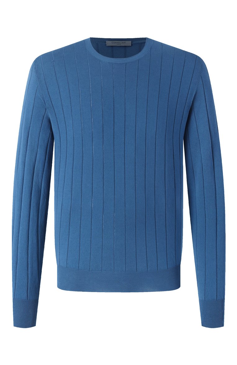 Мужской хлопковый джемпер CORNELIANI синего цвета, арт. 25M513-2525153 | Фото 1 (Рукава: Длинные; Материал сплава: Проставлено; Драгоценные камни: Проставлено; Длина (для топов): Стандартные; Принт: Без принта; Вырез: Круглый; Стили: Кэжуэл; Мужское Кросс-КТ: Джемперы; Материал внешний: Хлопок)
