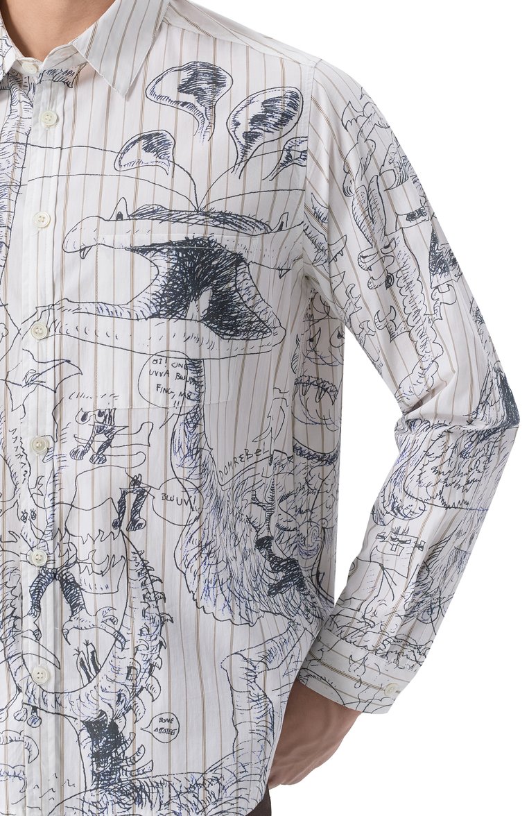 Мужская хлопковая рубашка DOMREBEL белого цвета, арт. UT0PIA/L0NGSLEEVE SHIRT | Фото 5 (Рукава: Длинные; Длина (для топов): Стандартные; Материал внешний: Хлопок; Манжеты: На пуговицах; Принт: С принтом; Воротник: Кент; Случай: Повседневный; Стили: Гранж)