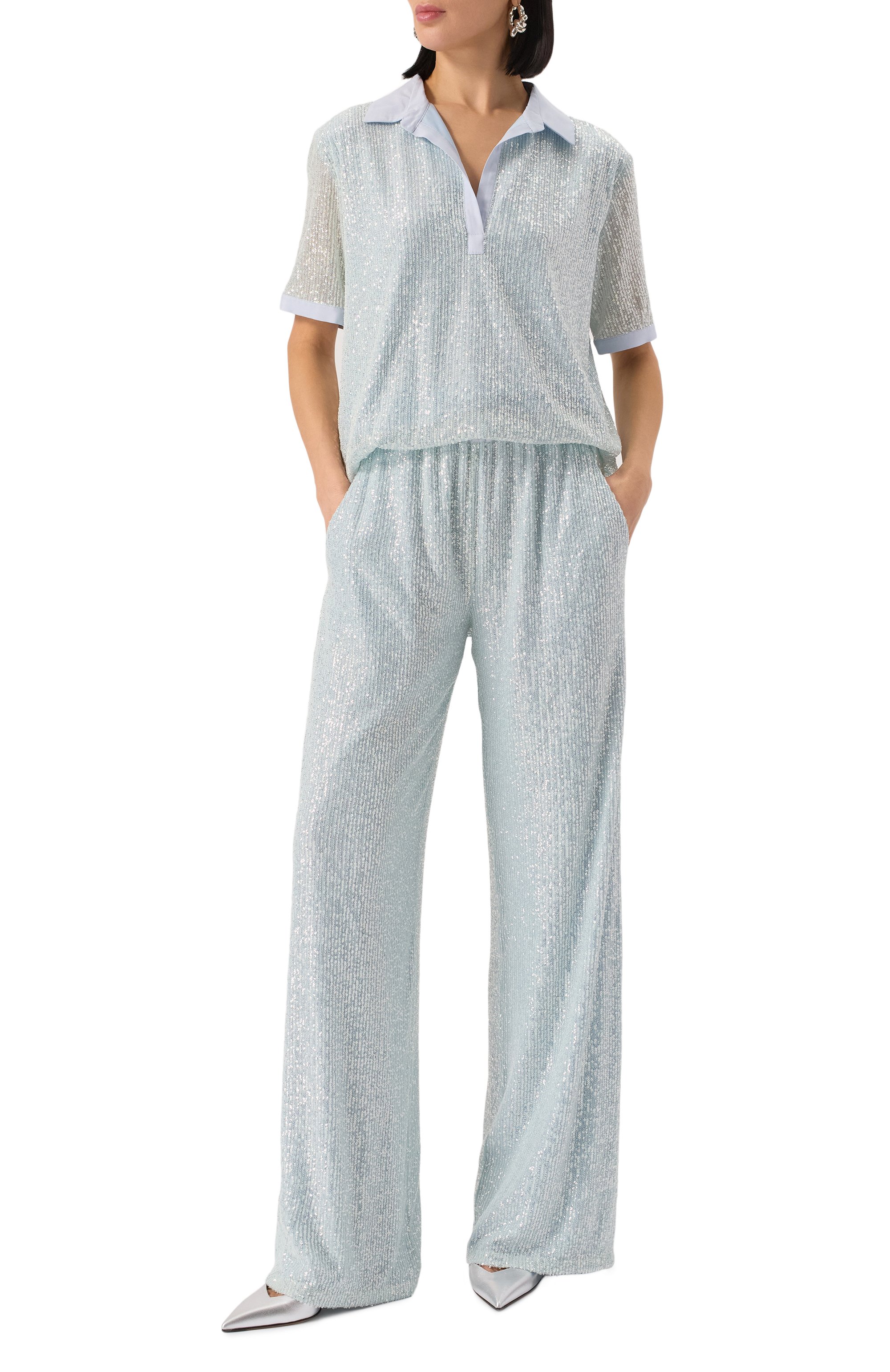 Брюки с отделкой пайетками KITON голубого цвета по цене 263500 руб., арт. D59127K0989E01, фото 2 Брюки с отделкой пайетками KITON, арт. D59127K0989E01, фото 2