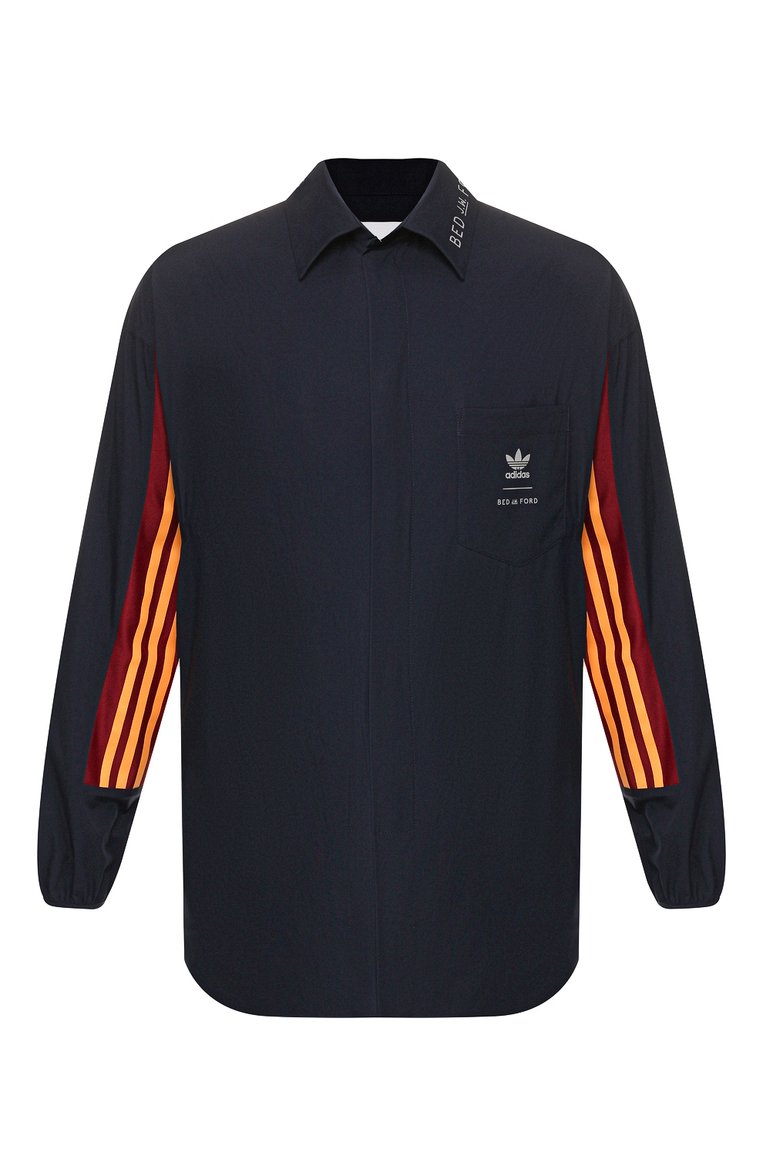 Мужская рубашка adidas originals x bed j.w. ford ADIDAS ORIGINALS темно-синего цвета, арт. FI8838 | Фото 1 (Материал внешний: Синтетический материал; Длина (для топов): Стандартные; Рукава: Длинные; Случай: Повседневный; Воротник: Кент; Манжеты: На пуговицах; Статус проверки: Проверена категория; Принт: С принтом; Стили: Кэжуэл)