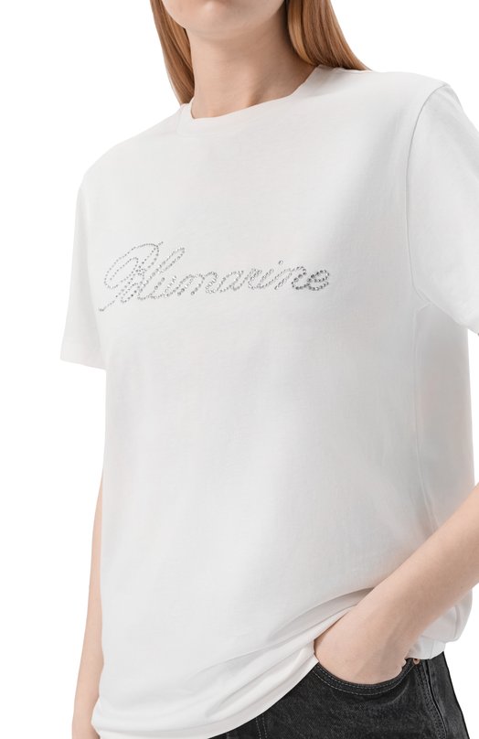 Хлопковая футболка с отделкой стразами Blumarine 2T130A Белый  2T130A Фото 5