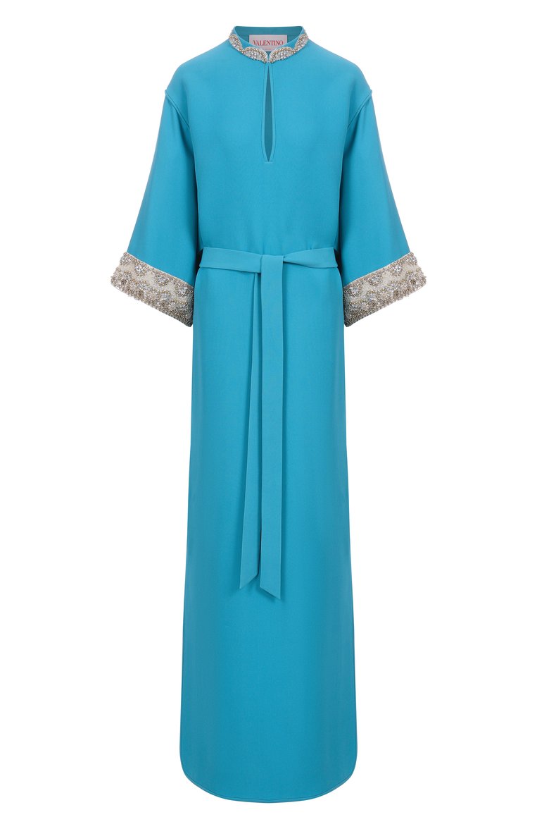 Женское шелковое платье VALENTINO бирюзового цвета, арт. 6B3VDKQ61MM | Фото 1 (Рукава: 3/4; Материал внешний: Шелк; Длина Ж (юбки, платья, шорты): Макси; Автоматизация состава: Проставлено; Автоматизация ТО: Проставлено; Случай: Вечерний; Женское Кросс-КТ: Платье-одежда; Стили: Романтичный)