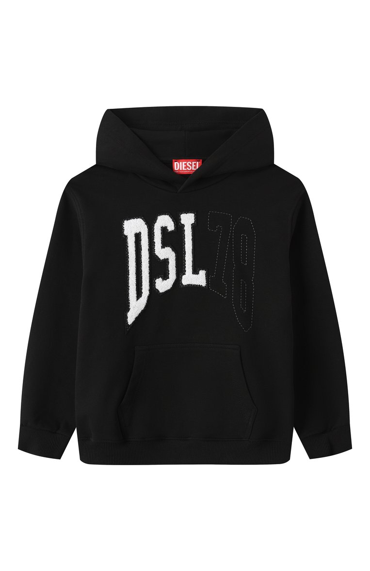 Детский хлопковое худи DIESEL черного цвета, арт. J02226/KYAZM | Фото 1 (Драгоценные камни: Проставлено; Рукава: Длинные; Материал сплава: Проставлено; Мальчики Кросс-КТ: Толстовка-спорт, Худи-одежда; Материал внешний: Хлопок; Ростовка одежда: 6 лет | 116 см, 8 лет | 128 см, 10 - 11 лет | 140 - 146см, 13 - 15 лет | 158 см, 16 лет | 164 см, 4 года | 104 см)