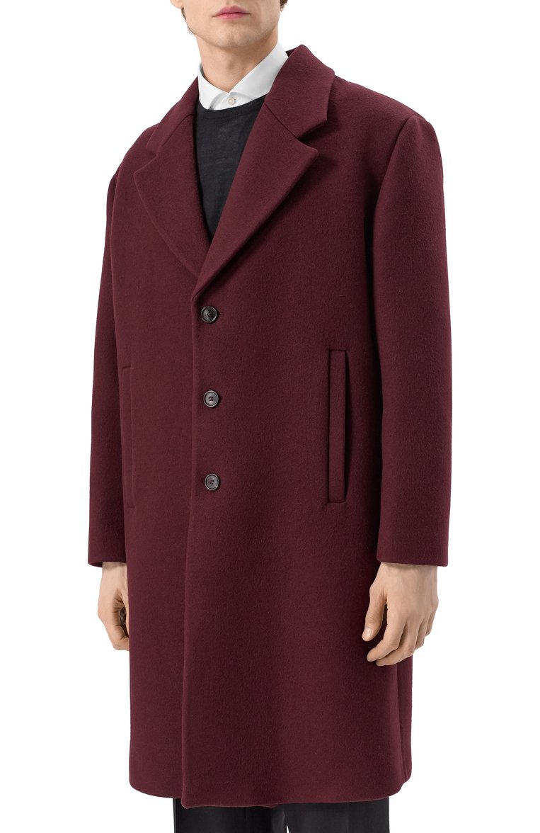 Мужской пальто из шерсти и кашемира PRADA бордового цвета, арт. SGB840-1ZC2-F0403-212 | Фото 3 (1-2-бортные: Однобортные; Материал внешний: Шерсть; Рукава: Длинные; Мужское Кросс-КТ: пальто-верхняя одежда; Длина (верхняя одежда): До колена; Стили: Кэжуэл)
