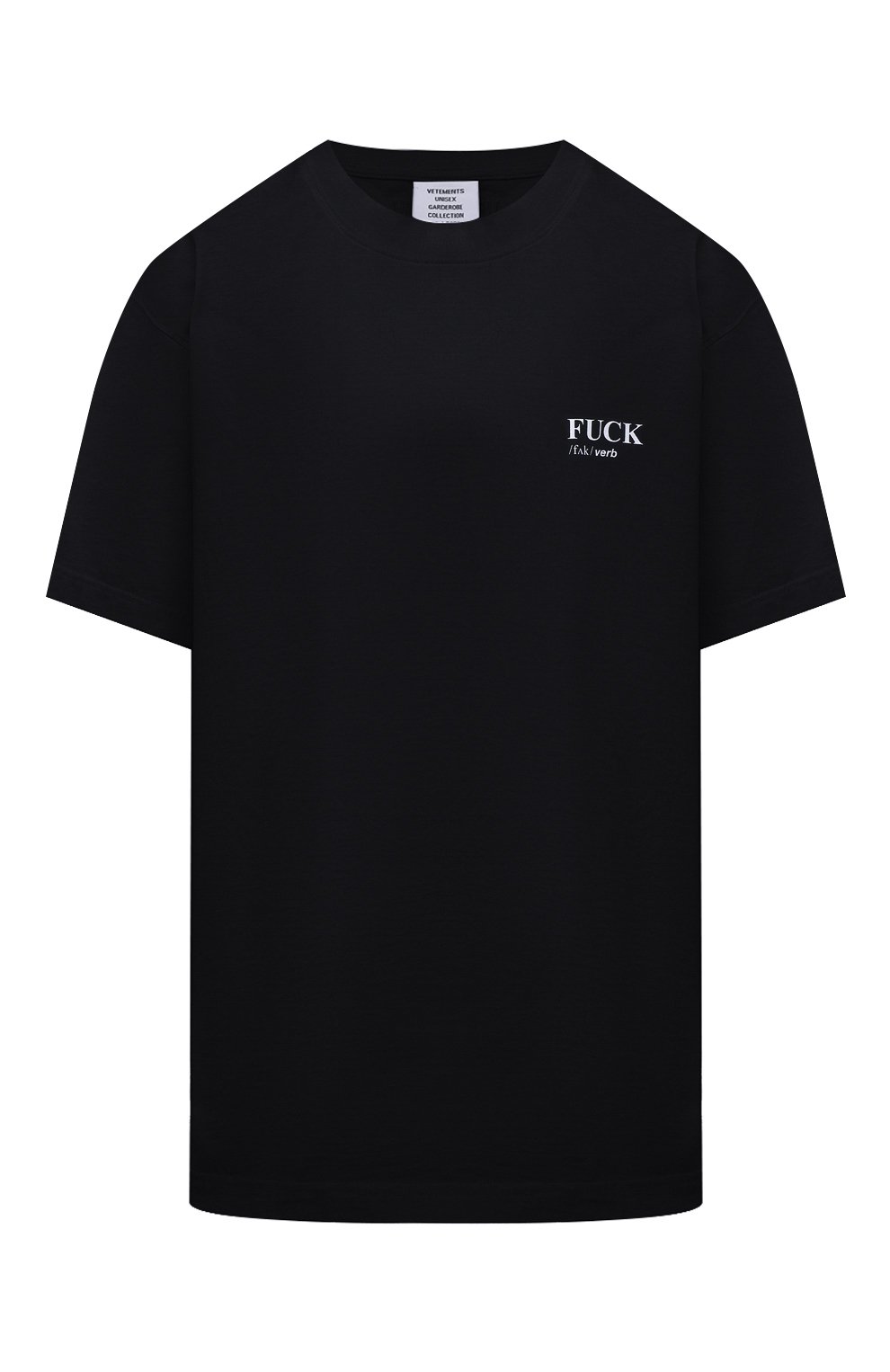 Хлопковая футболка VETEMENTS черного цвета по цене 32850 руб., арт. UA52TR160B 1602/W, фото 1 Хлопковая футболка VETEMENTS, арт. UA52TR160B 1602/W, фото 1