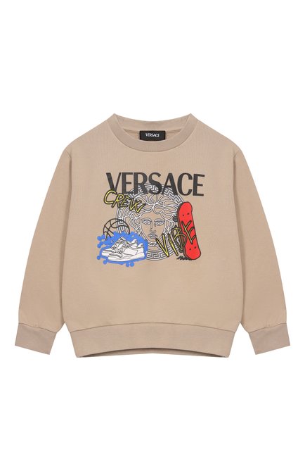 Детский хлопковый свитшот VERSACE бежевого цвета, арт. 1018285/1A13042/4A-6A | Фото 1 (Рукава: Длинные; Материал внешний: Хлопок; Драгоценные камни: Проставлено; Материал сплава: Проставлено)