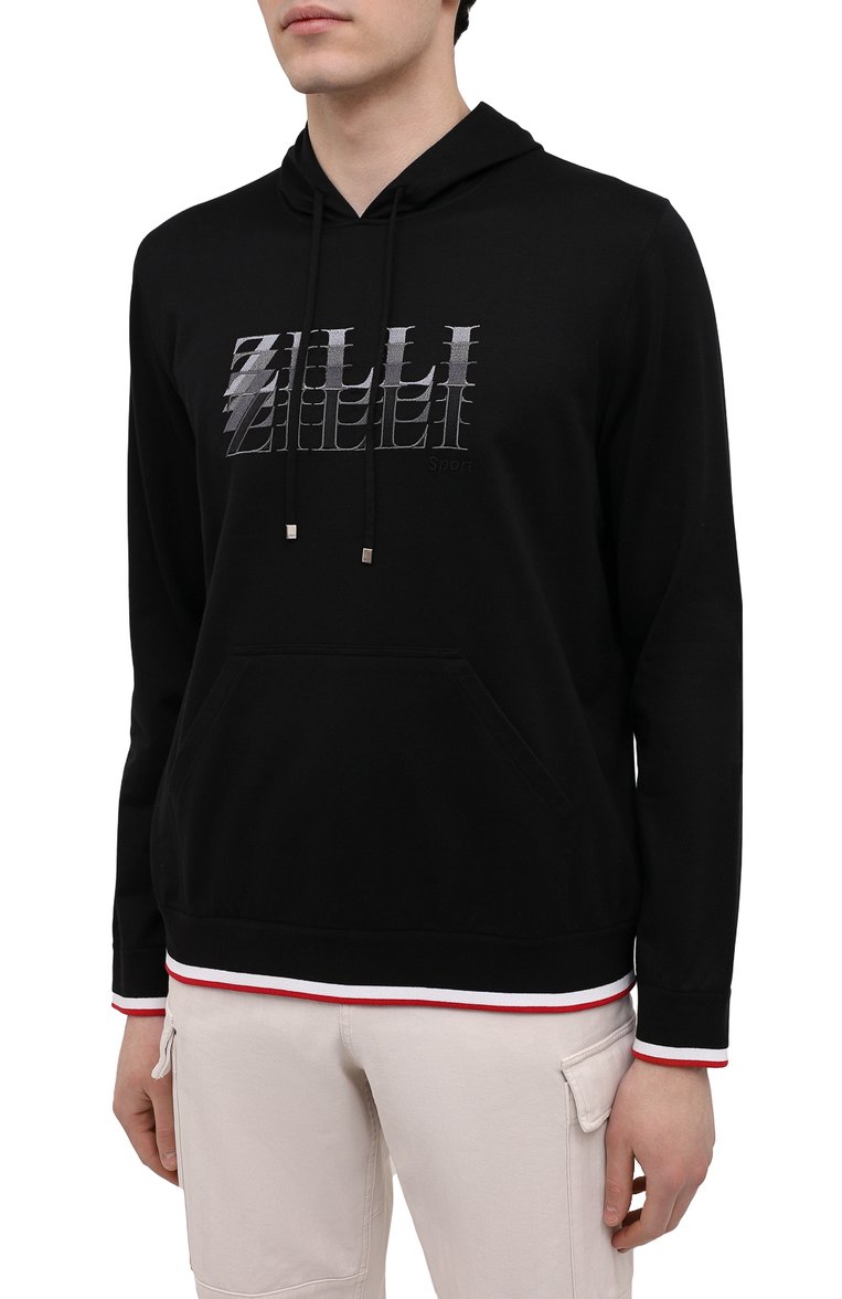Мужской хлопковое худи ZILLI SPORT черного цвета, арт. MBV-RN520-JERS1/ML01 | Фото 3 (Рукава: Длинные; Стили: Кэжуэл; Материал внешний: Хлопок; Мужское Кросс-КТ: Худи-одежда; Длина (для топов): Стандартные; Принт: С принтом; Региональные ограничения белый список (Axapta Mercury): RU; Материал сплава: Проставлено; Драгоценные камни: Проставлено)