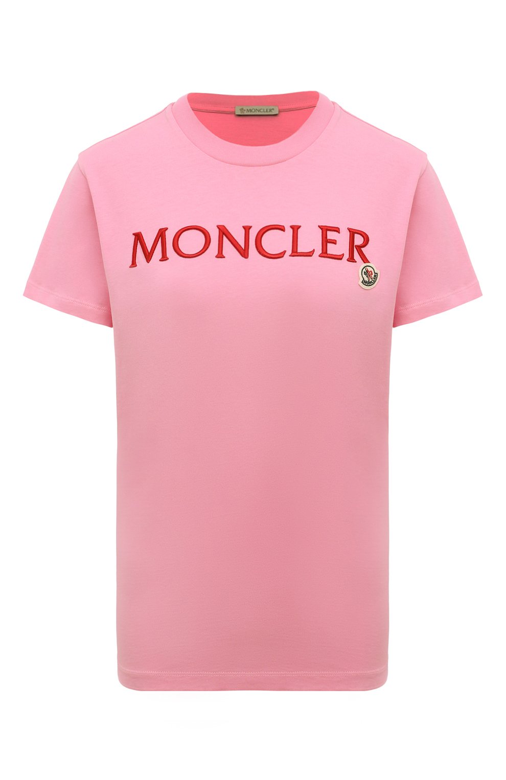 Хлопковая футболка MONCLER розового цвета по цене 29950 руб., арт. 8C000-09-829HP, фото 1 Хлопковая футболка MONCLER, арт. 8C000-09-829HP, фото 1