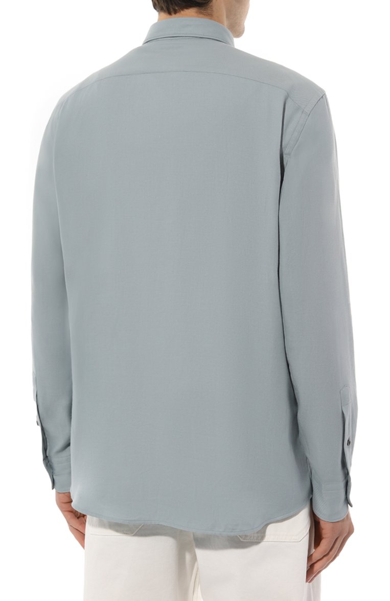 Мужская рубашка из хлопка и кашемира ZEGNA голубого цвета, арт. UCX44A6/SRF5013 | Фото 4 (Длина (для топов): Стандартные; Материал внешний: Хлопок; Рукава: Длинные; Случай: Повседневный; Манжеты: На пуговицах; Стили: Кэжуэл; Воротник: Акула; Принт: Однотонные; Автоматизация состава: Проставлено; Автоматизация ТО: Проставлено; Детали: Без декора)