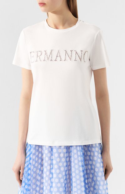 Хлопковая футболка ERMANNO ERMANNO SCERVINO белого цвета по цене 18600 руб., арт. 46T TS21 JC0, фото 3 Хлопковая футболка ERMANNO ERMANNO SCERVINO, арт. 46T TS21 JC0, фото 3