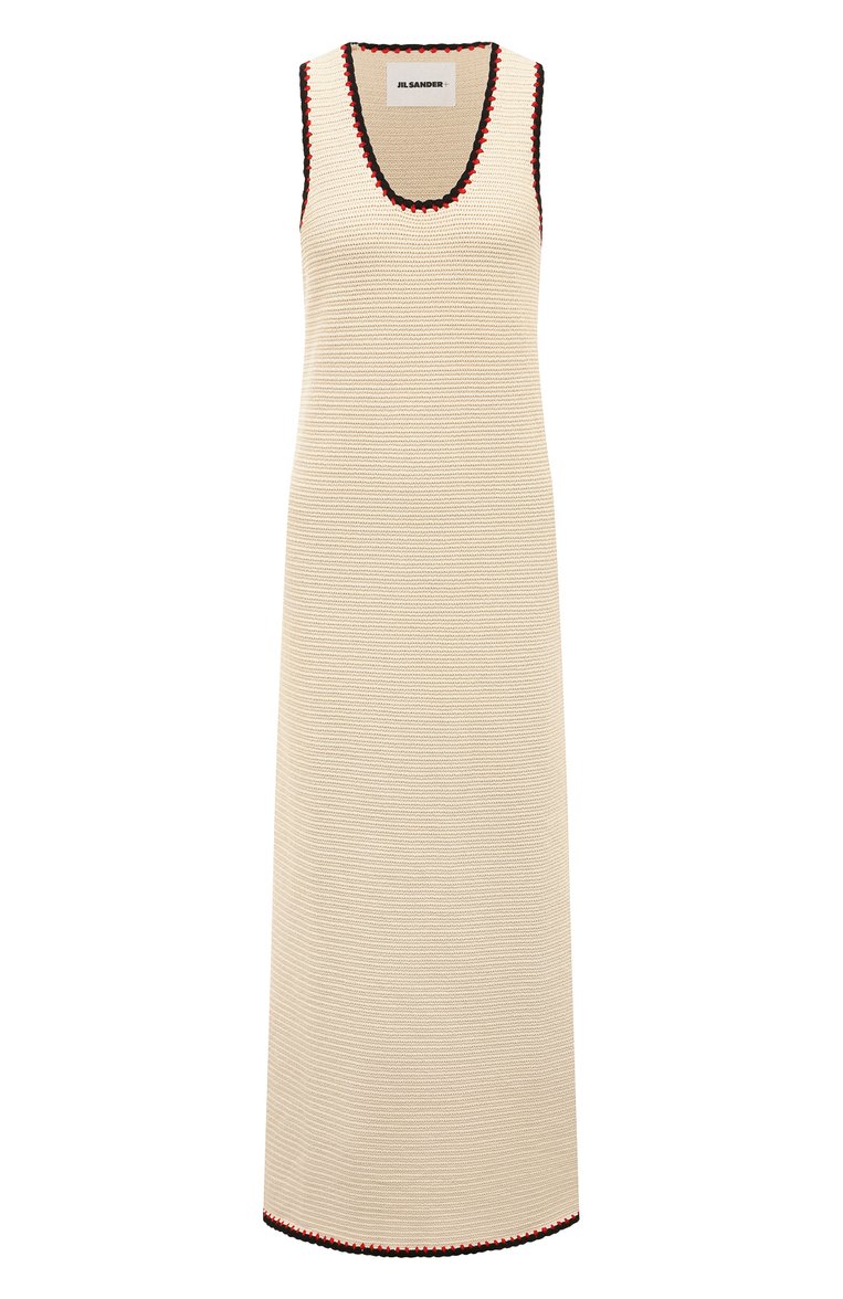 Женское хлопковое платье JIL SANDER бежевого цвета, арт. J40CT0157/J15401 | Фото 1 (Длина Ж (юбки, платья, шорты): Макси; Материал внешний: Хлопок; Женское Кросс-КТ: Платье-одежда, Сарафаны; Случай: Повседневный; Кросс-КТ: Трикотаж; Стили: Минимализм; Рукава: Без рукавов; Автоматизация состава: Проставлено; Автоматизация ТО: Проставлено)