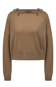 Женский кашемировый пуловер PRADA бежевого цв�ета, арт. P24P1C-10RX-F0040-221 | Фото 1 (Материал внешний: Шерсть, Кашемир; Рукава: Длинные; Региональные ограничения белый список (Axapta Mercury): Не проставлено; Материал сплава: Проставлено; Женское Кросс-КТ: Пуловер-одежда; Драгоценные камни: Проставлено; Длина (для топов): Укороченные; Стили: Кэжуэл)