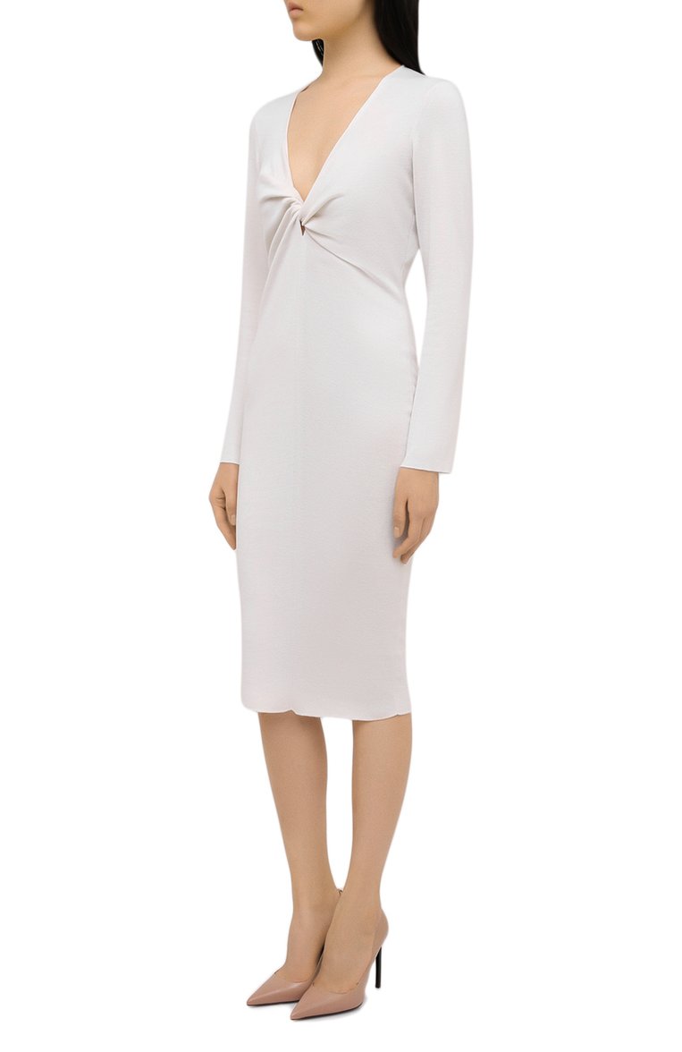 Женское платье из кашемира и шелка TOM FORD белого цвета, арт. ACK254-YAX087 | Фото 3 (Рукава: Длинные; Материал внешний: Кашемир, Шелк, Шерсть; Длина Ж (юбки, платья, шорты): Миди; Стили: Романтичный; Женское Кросс-КТ: Платье-одежда, платье-футляр; Случай: Формальный; Региональные ограничения белый список (Axapta Mercury): RU; Автоматизация состава: Проставлено; Автоматизация ТО: Проставлено)