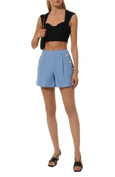 Женские шерстяные шорты BALMAIN голубого цвета, арт. CF0PA235/WC09 | Фото 2 (Драгоценные камни: Проставлено; Материал сплава: Проставлено; Длина Ж (юбки, платья, шорты): Мини; Материал внешний: Шерсть; Стили: Кэжуэл)
