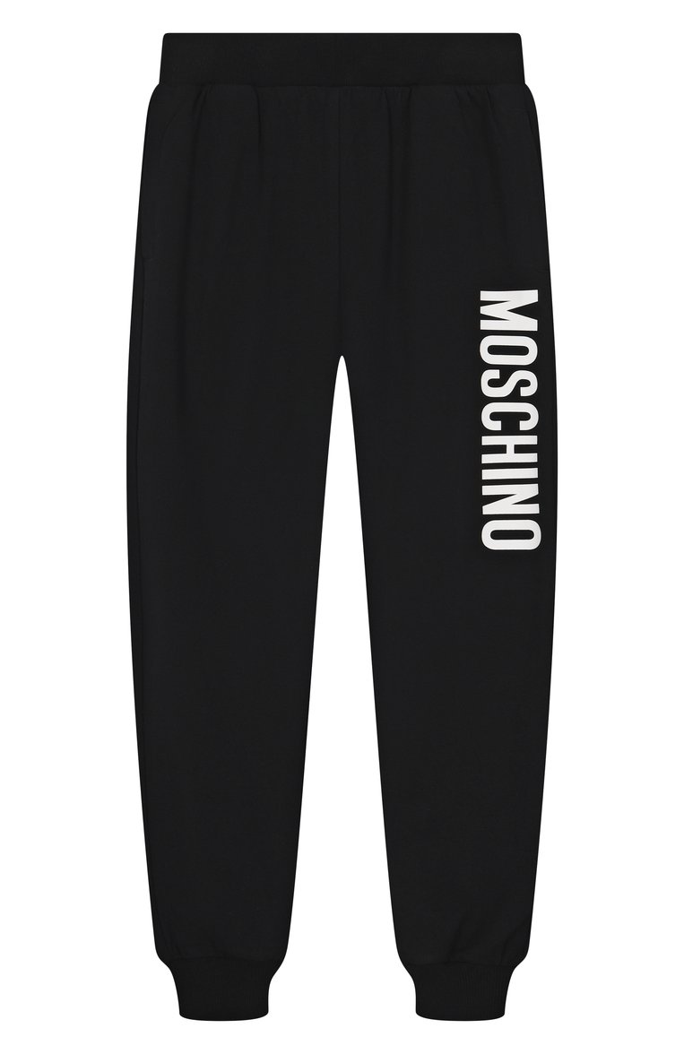 Детские хлопковые джоггеры MOSCHINO черного цвета, арт. HUP08G/LDA11/10-14 | Фото 1 (Нос: Не проставлено; Материал �внешний: Хлопок; Мальчики Кросс-КТ: Джоггеры-одежда, Брюки-спорт; Ростовка одежда: 10 - 11 лет | 140 - 146см, 12 лет | 152 см, 16 лет | 164 см)