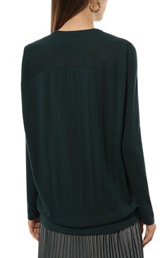 Женский пуловер из шерсти и шелка EMPORIO ARMANI темно-зеленого цвета, арт. 6D2MTE/2M01Z | Фото 4 (Длина (для топов): Удлиненные; Материал внешний: Шерсть, Шелк; Драгоценные камни: Проставлено; Материал сплава: Проставлено; Рукава: Длинные; Женско�е Кросс-КТ: Пуловер-одежда; Стили: Кэжуэл)