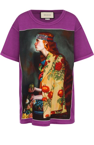 Хлопковая футболка свободног о кроя с принтом GUCCI, арт. 492347/X3L90, фото 1