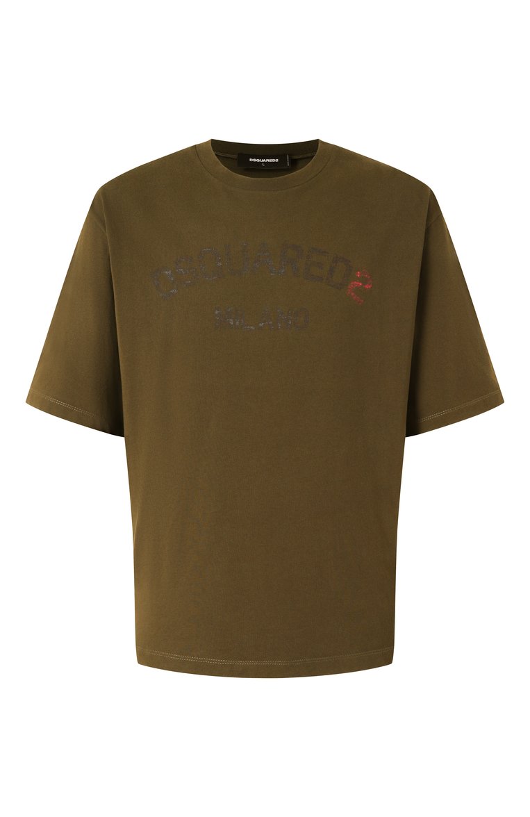 Мужская хлопковая футболка DSQUARED2 хаки цвета, арт. S74GD1399/D20020 | Фото 1 (Длина (для топов): Стандартные; Материал внешний: Хлопок; Стили: Кэжуэл; Принт: С принтом; Мужское Кросс-КТ: Футболка-одежда; Кросс-КТ: Джерси; Автоматизация ТО: Проставлено; Автоматизация состава: Проставлено; Детали: Без декора; Рукава: Короткие)