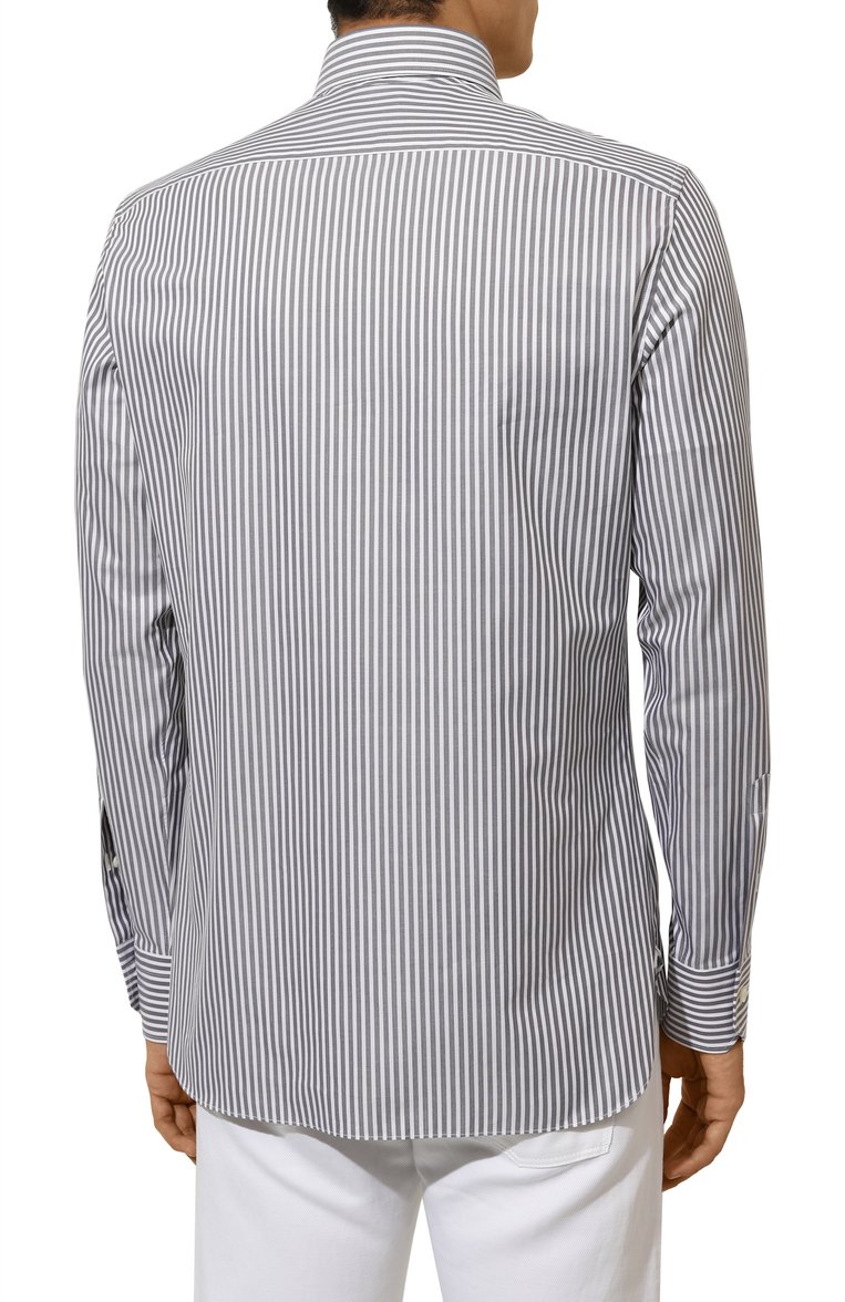 Мужская хлопковая рубашка ZEGNA �темно-серого цвета, арт. 501517A5/9MS0BA024 | Фото 4 (Рукава: Длинные; Материал внешний: Хлопок; Длина (для топов): Стандартные; Принт: Полоска; Случай: Повседневный; Стили: Кэжуэл; Рубашки М: Slim Fit; Манжеты: На пуговицах; Воротник: Акула; Автоматизация состава: Проставлено; Детали: Без декора; Автоматизация ТО: Проставлено)
