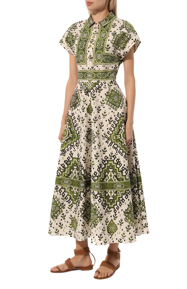 Женское хлопковое платье GIAMBATTISTA VALLI зеленого цвета, арт. 24FWPVCA560T-52PRI | Фото 3 (Материал сплава: Проставлено; Драгоценные камни: Проставлено; Рукава: Короткие; Материал внешний: Хлопок; Длина Ж (юбки, платья, шорты): Миди; Женское Кросс-КТ: Платье-одежда; Стили: Ретро; Случай: Повседневный)