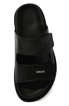 Детские кожаные шлепанцы VERSACE черного цвета, арт. 1013121/1A00138/34-40 | Фото 4 (Материал внутренний: Натуральная кожа; Материал сплава: Проставлено; Нос: Не проставлено)