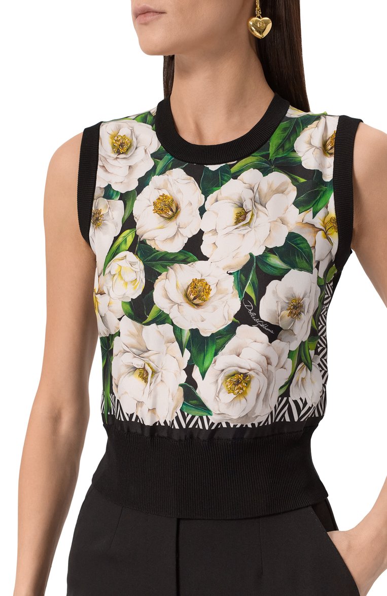 Женский шелковый топ DOLCE & GABBANA черного цвета, арт. FXT43T/JBSK9 | Фото 5 (Длина (для топов): Стандартные; Материал внешний: Шелк; Рукава: Без рукавов; Стили: Романтичный; Автоматизация состава: Проставлено; Автоматизация ТО: Проставлено; Размерность: Идёт в размер)