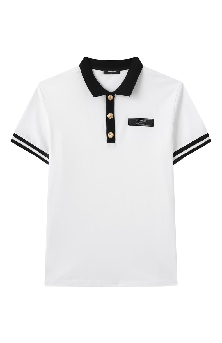 Детское хлопковое поло BALMAIN черно-белого цвета, арт. BW8R41 | Фото 1 (Рукава: Короткие; Материал внешний: Хлопок; Автоматизация состава: Проставлено; Автоматизация ТО: Проставлено; Ростовка одежда: 8 лет | 128 см, 13 - 15 лет | 158 см, 16 лет | 164 см, 12 лет | 152 см, 10 - 11 лет | 140 - 146см)