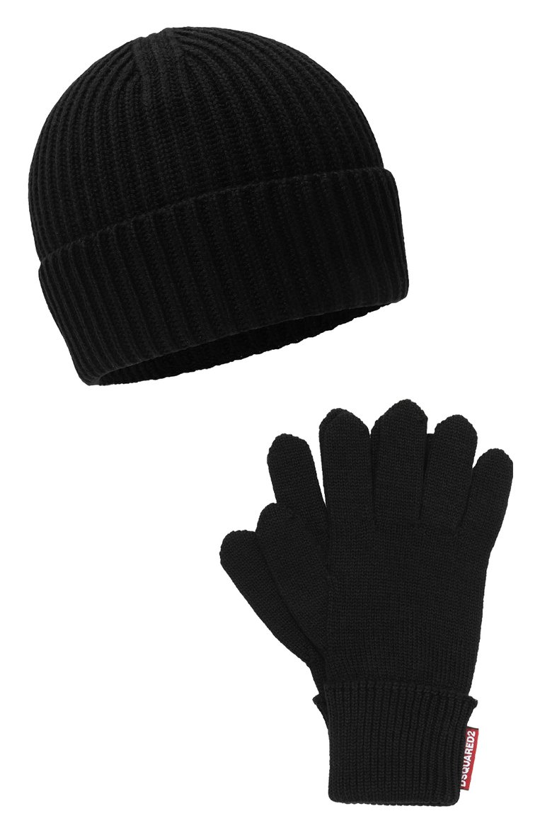 Мужская комплект из шапки и перчаток DSQUARED2 черного цвета, арт. KNM0078/01W06757 | Фото 1 (Материал: Текстиль, Шерсть; Кросс-КТ: Трикотаж; Материал сплава: Проставлено; Нос: Не проставлено)
