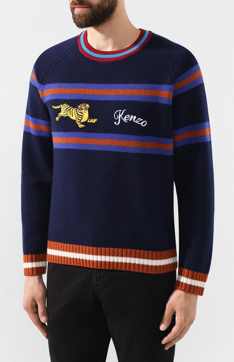 Мужской шерстяной джемпер KENZO темно-синего цвета, арт. F965PU2283DI | Фото 3 (Мужское Кросс-КТ: Джемперы; Материал внешний: Шерсть; Длина (для топов): Стандартные; Рукава: Длинные; Рукава от горловины: Длинные; Статус проверки: Проверено, Проверена категория; Вырез: Круглый; Принт: С принтом; Стили: Кэжуэл)