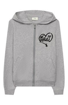 Детский хлопковый кардиган на молнии с капюшоном FENDI серого цвета, арт. JFH061/A4RA/3A-5A | Фото 1 (Рукава: Длинные; Материал внешний: Хлопок; Девочки Кросс-КТ: Кардиган-одежда; Материал сплава: Проставлено; Ювелирные украшения: Назначено; Драгоценные камни: Проставлено; Ростовка одежда: 5 лет | 110 см)