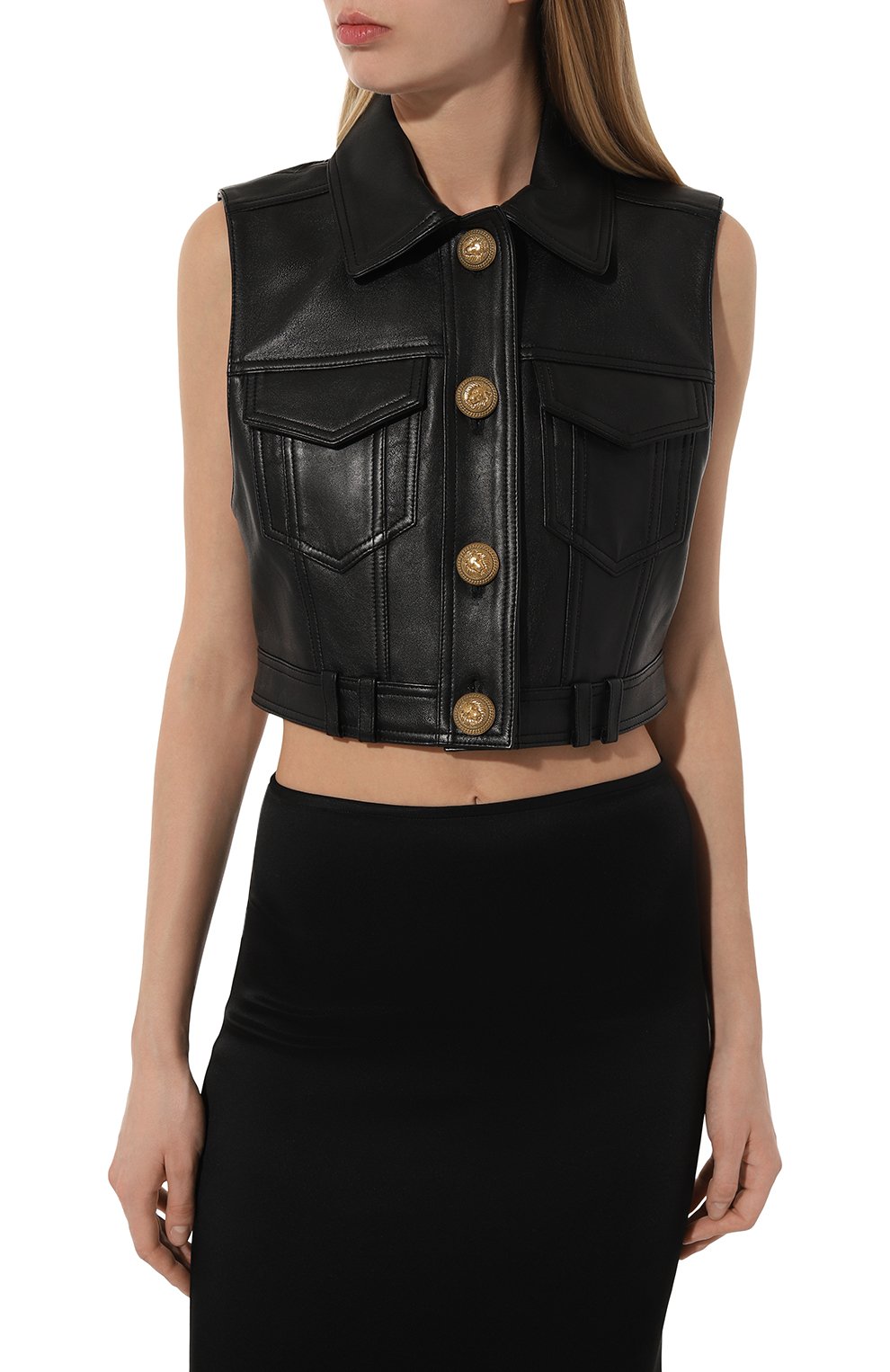 Кожаный жилет BALMAIN черного цвета по цене 250500 руб., арт. AF1SA200LC01, фото 3 Кожаный жилет BALMAIN, арт. AF1SA200LC01, фото 3