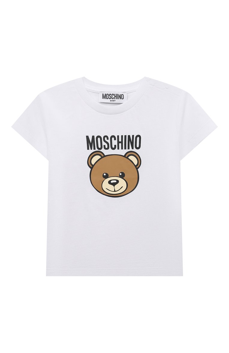 Детский хлопковая футболка MOSCHINO белого цвета, арт. MUM03Y/LAA02 | Фото 1 (Материал внешний: Хлопок; Нос: Не проставлено; Материал сплава: Проставлено; Кросс-КТ НВ: Футболка; Ростовка одежда: 18 мес | 86 см, 3 года | 98 см, 12 мес | 80 см, 24 мес | 92 см)