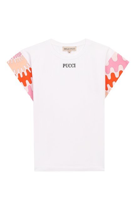 Детская хлопковая футболка EMILIO PUCCI белого цвета, арт. 9M8022/MX170/5-8 | Фото 1 (Материал внешний: Хлопок; Рукава: Короткие; Девочки Кросс-КТ: футболка-одежда; Ростовка одежда: 6 лет | 116 см, 8 лет | 128 см)