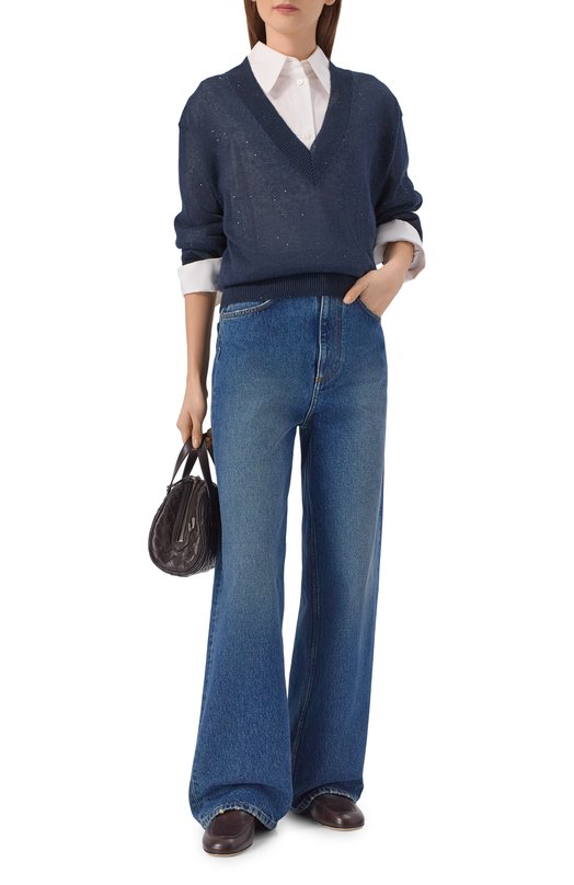 Пуловер изо льна и хлопка Brunello Cucinelli MDT746412 Синий  MDT746412 Фото 2