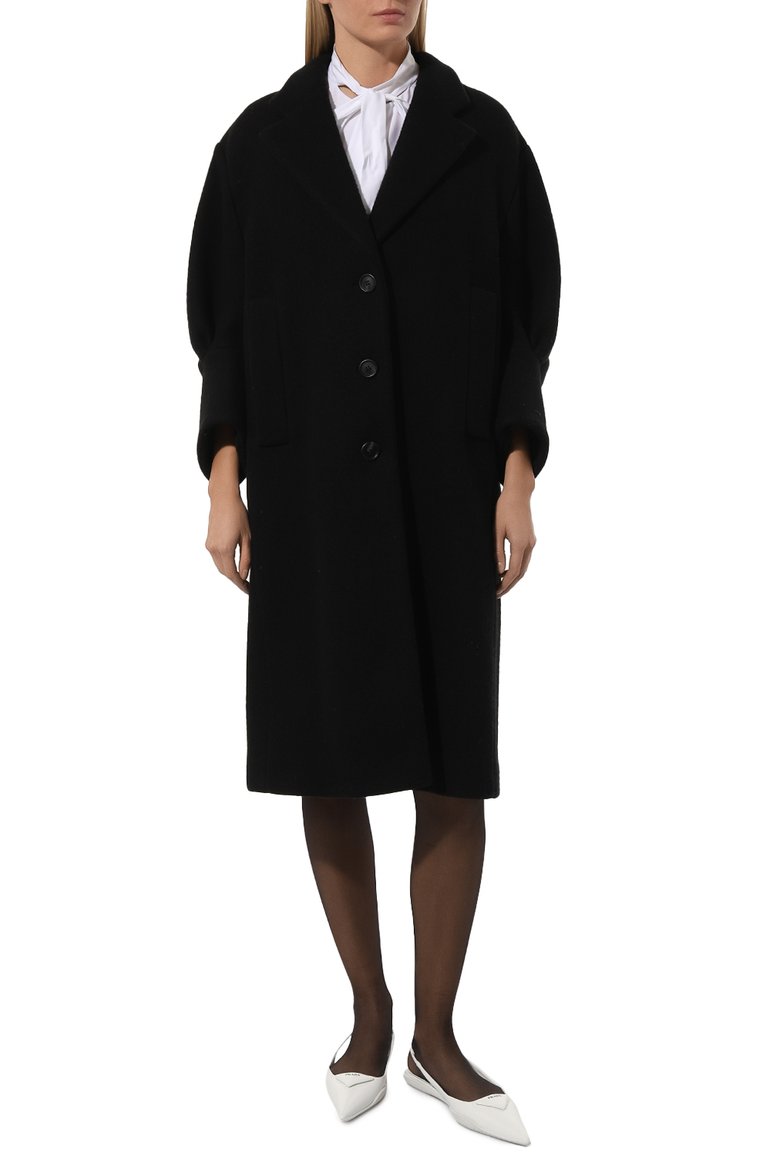 Женское пальто из шерсти и кашемира PRADA черного цвета, арт. P682O-1ZY1-F0002-212 | Фото 3 (Длина (верхняя одежда): До колена; Материал внешний: Шерсть; Рукава: Длинные; 1-2-бортные: Однобортные; Стили: Кэжуэл; Автоматизация состава: Проставлено; Автоматизация ТО: Проставлено)