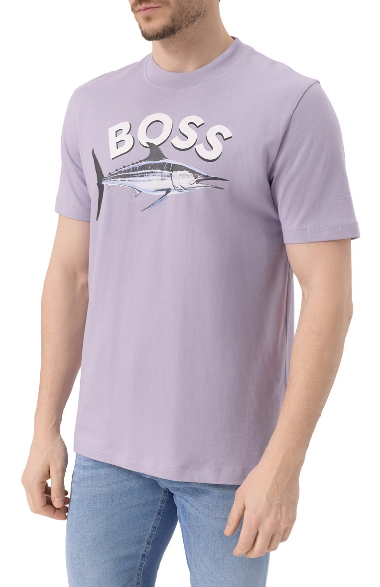 Мужская хлопковая футболка BOSS ORANGE фиолетового цвета, арт. 50539196 | Фото 3 (Длина (для топов): Стандартные; Рукава: Короткие; Материал внешний: Хлопок; Мужское Кросс-КТ: Футболка-одежда; Стили: Кэжуэл; Принт: С принтом; Автоматизация ТО: Проставлено; Автоматизация состава: Проставлено; Детали: Без декора)