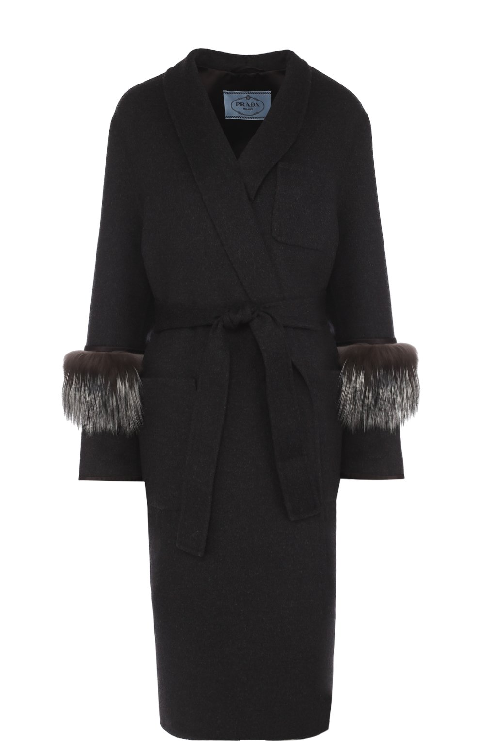 Шерстяное пальто с поясом и меховой отделкой рукавов PRADA, арт. P601HP-1P7P-F0542, фото 1