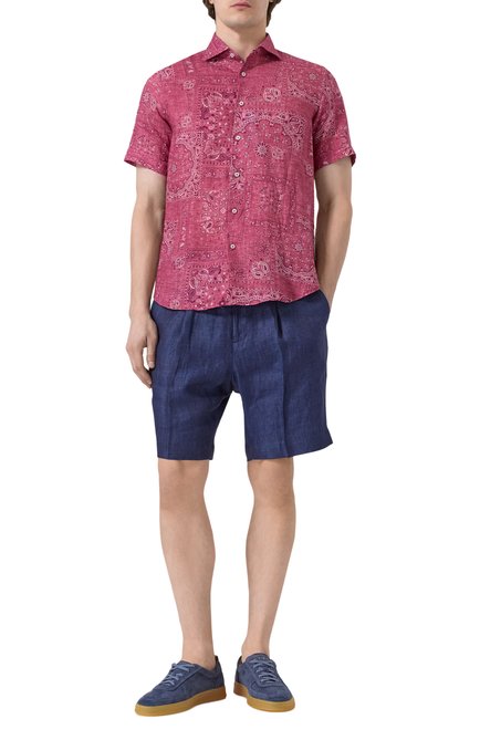 Мужская льняная рубашка FEFE` малинового цвета, арт. LINEN SHIRT (SH0RT SLEVES)/CLX082VAR09 | Фото 2 (Рукава: Короткие; Материал внешний: Лен; Длина (для топов): Стандартные; Материал сплава: Проставлено; Драгоценные камни: Проставлено)