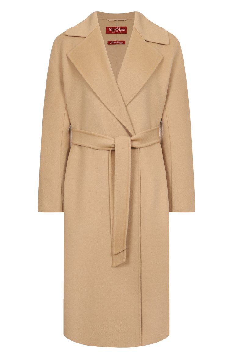 Женское шерстяное пальто MAX MARA STUDIO бежевого цвета, арт. CLES | Фото 1 (Материал внешний: Шерсть; Автоматизация состава: Проставлено; Автоматизация ТО: Проставлено; Длина (верхняя одежда): До колена; Рукава: Длинные; 1-2-бортные: Однобортные; Стили: Классический)