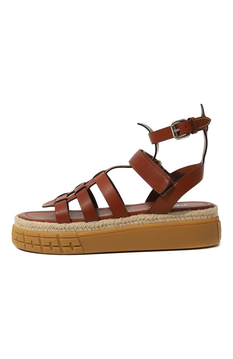 Женские кожаные сандалии PRADA коричневого цвета, арт. 1X960L-248-F0046-045 | Фото 4 (Материал внутренний: Натуральная кожа; Подошва: Платформа; Материал внешний: Натуральная кожа)