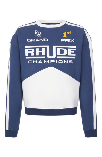 Мужской хлопковый свитшот RHUDE синего цвета, арт. RHPS25ST06012 | Фото 1 (Рукава: Длинные; Материал сплава: Проставлено; Длина (для топов): Стандартные; Драгоценные камни: Проставлено; Материал внешний: Хлопок)