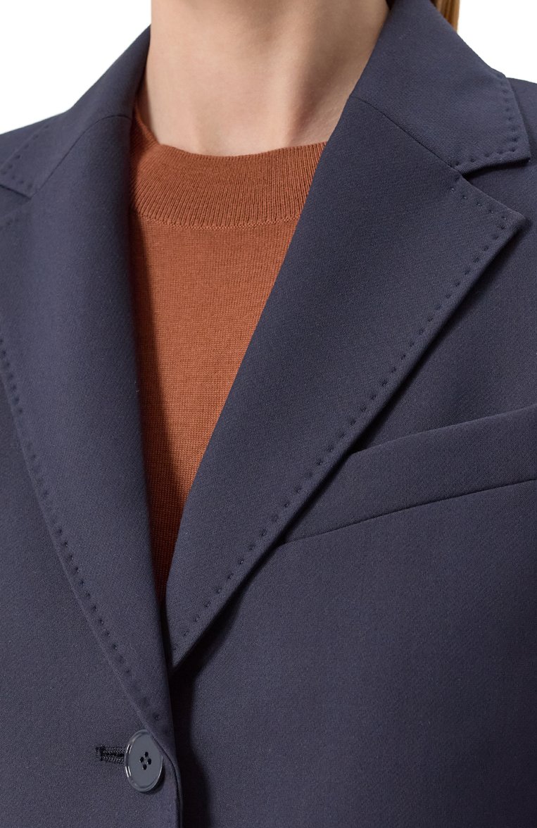 Женский жакет WEEKEND MAX MARA синего цвета, арт. UVA | Фото 5 (Рукава: Длинные; Длина (д�ля топов): Стандартные; Материал внешний: Синтетический материал; Женское Кросс-КТ: Жакет-одежда; Стили: Классический; 1-2-бортные: Однобортные; Автоматизация состава: Проставлено; Материал подклада: Синтетический материал; Автоматизация ТО: Проставлено)