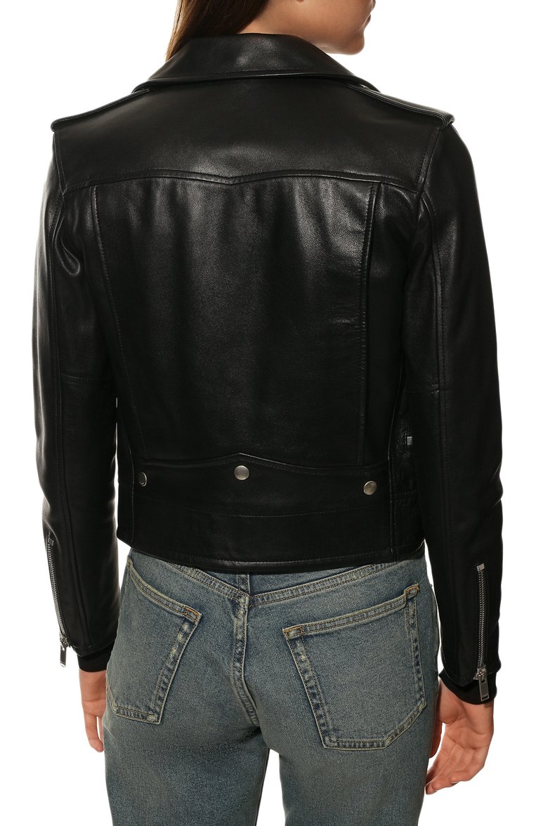Женская кожаная куртка SAINT LAURENT черного цвета, арт. 481862/Y5YA2 | Фото 4 (Рукава: Длинные; Материал подклада: Купро; Женское Кросс-КТ: Замша и кожа; Длина (верхняя одежда): Короткие; Кросс-КТ: Куртка, Утепленные; Материал внешний: Натуральная кожа; Ювелирные украшения: Назначено)