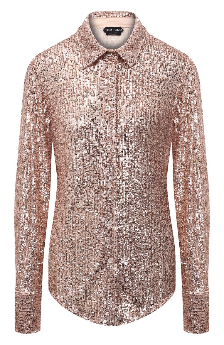 Женская рубашка с отделкой пайетками TOM FORD золотого цвета, арт. CA3204-FAE381 | Фото 1 (Рукава: Длинные; Материал внешний: Синтетический материал; Стили: Гламурный, Кэжуэл; Женское Кросс-КТ: Рубашка-одежда; Принт: Без принта; Длина (для топов): Стандартные; Детали: Декор; Автоматизация состава: Проставлено; Автоматизация ТО: Проставлено)