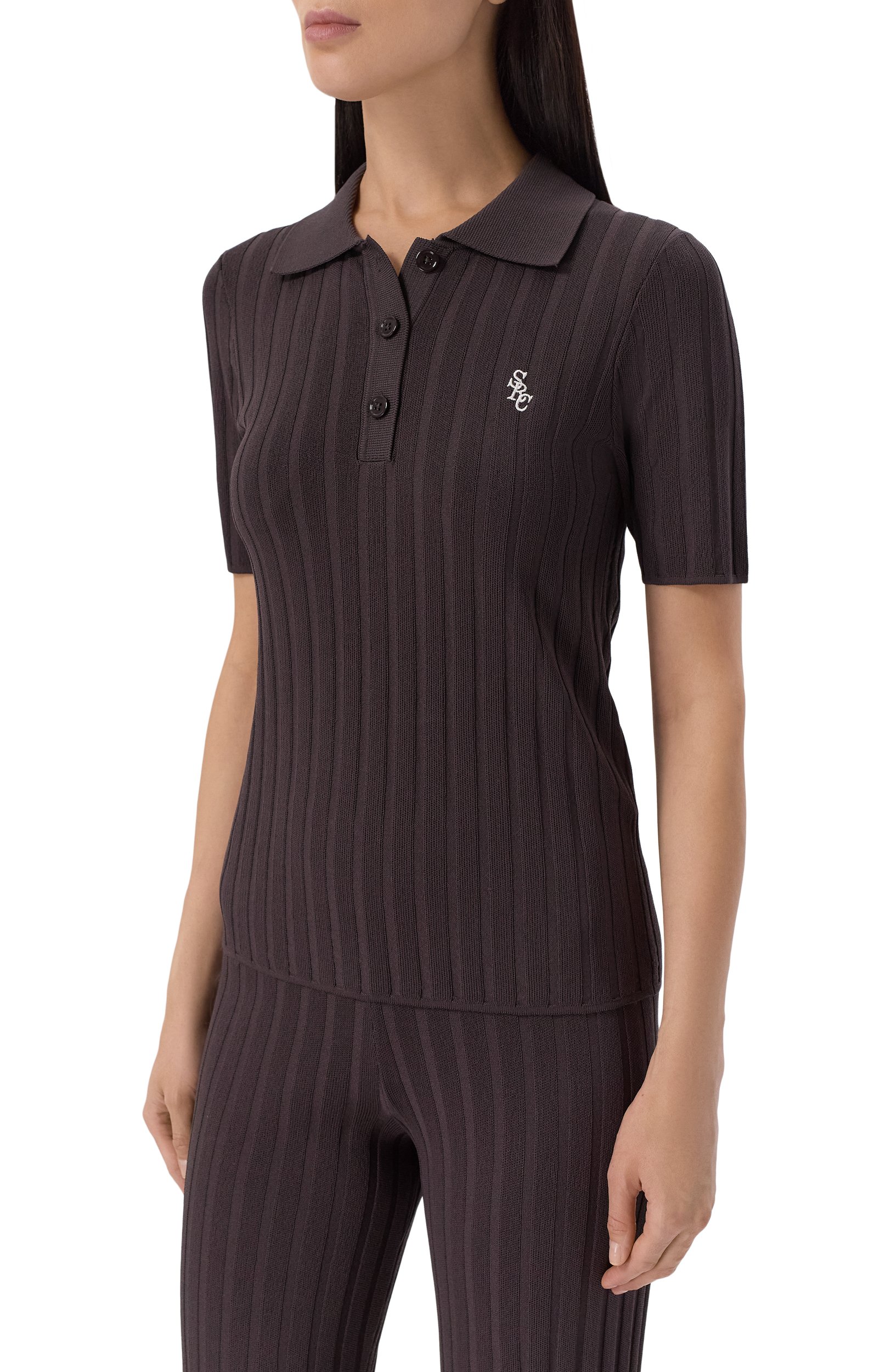 Поло из вискозы SPORTY AND RICH темно-коричневого цвета по цене 28600 руб., арт. WS069711302BR29, фото 3 Поло из вискозы SPORTY AND RICH, арт. WS069711302BR29, фото 3